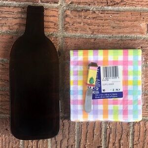 Melted Recycled Amber Glass Wine Bottle Cheese Tray Tropical Spreader & Napkins
